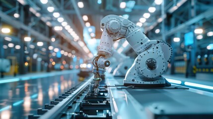 Poster - showcase a high-tech energy plant where advanced robots manage the production