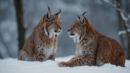 Wall Mural - Two lynxes in love in winter - European lynx.