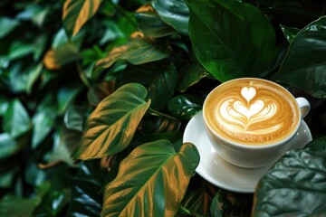 Wall Mural - Cup of cappuccino with latte art is standing on a table in a green garden