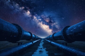 Wall Mural - The photo captures a breathtaking night sky filled with numerous twinkling stars, illuminating the darkness, Industrial pipelines superimposed on a starry night sky, AI Generated