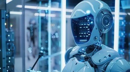 Poster - Showcase a robot installing advanced telecommunications and networking infrastructure in a high-rise,