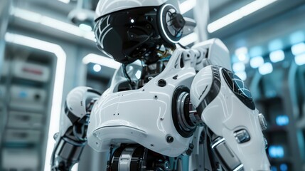Poster - Showcase a robot installing advanced telecommunications and networking infrastructure in a high-rise,