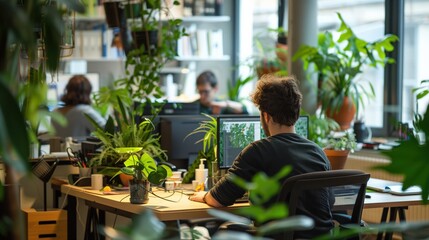 enterprise developers coding green tech applications in a modern office filled with sustainable gadg
