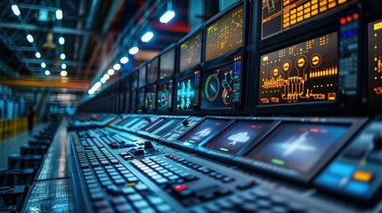 Industrial facility using AI for resource conservation with digital monitors displaying data on environmental impact and efficiency. No text, no logo, no trademarks