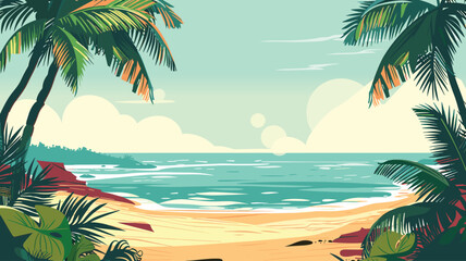 Wall Mural - Summer, rest and Travel concept design with tropical beach and palm trees, vector