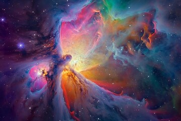 Wall Mural - An image capturing a vibrant and lively space, brimming with stars and celestial objects, Inspiring view of a celestial body through colors of the Orion Nebula, AI Generated