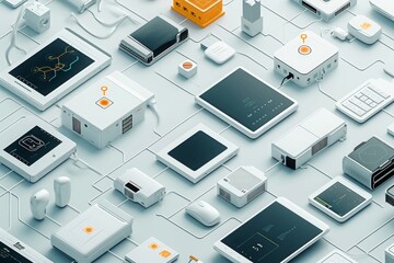 Poster - A collection of various electronic devices neatly arranged on top of a table, ready for use, Interconnected digital devices depicted simplistically, AI Generated