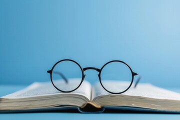 Aufkleber - A pair of round eyeglasses rests on an open book against a solid blue background. Generative AI
