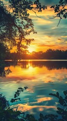 Wall Mural - A serene lake reflects the fiery sunset sky