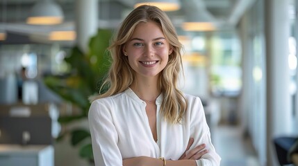 Canvas Print - Portrait of a smiling young businesswoman standing in a modern office