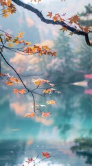 Wall Mural - Orange leaves hang over a tranquil lake, creating a serene autumn scene