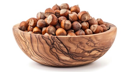 Collection of hazelnuts in a wooden bowl isolated on a white background natural and rustic.