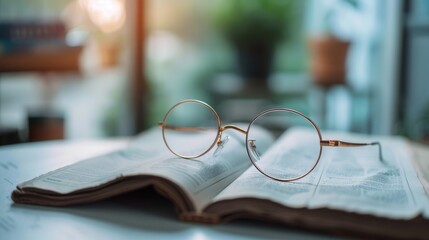 Aufkleber - Round eyeglasses are resting on a book with a blurry, minimalist background. Generative AI
