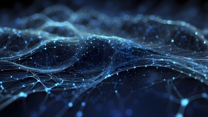 Poster - An abstract blue tech background including artificial neural network connections, digital waves, and cyber quantum computing