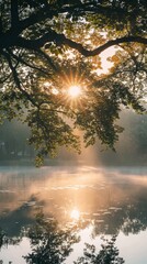 Wall Mural - Sunbeams break through tree branches, casting a golden glow on the water