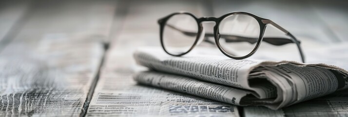 Aufkleber - Black framed eyeglasses sit atop a folded newspaper on a weathered wooden table. Generative AI