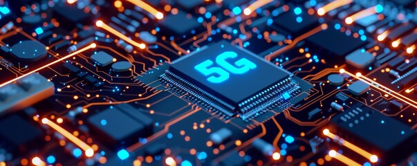 Poster - Close-up of 5G microchip on a circuit board with glowing connections, technology and innovation concept