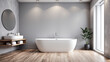 © Asif - Minimalist Bathroom with White Bathtub and Wooden Floor