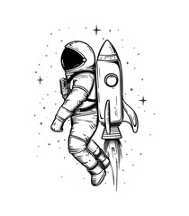astronaut backpack rocket engraving black and white outline