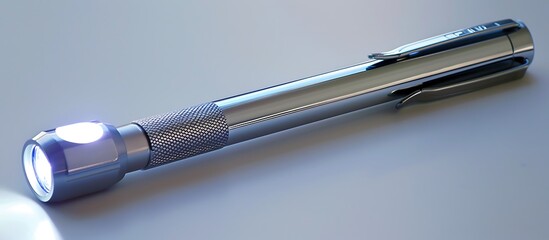 A modern penlight with a bright LED lying on a white surface The sleek silver design makes it a practical tool for medical examinations