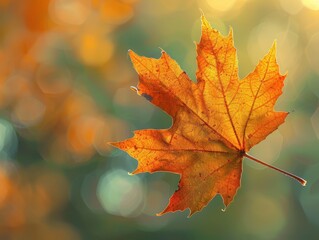 An orange autumn maple leaf with vivid colors, against a green blurred background with bokeh effect.