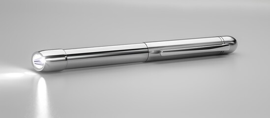 A modern penlight with a bright LED lying on a white surface The sleek silver design makes it a practical tool for medical examinations