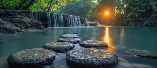 Poster - Sunset Over Waterfall and Stepping Stones