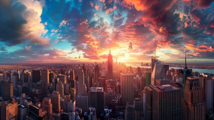 Poster - A stunning panoramic view of a city skyline at sunset, with skyscrapers and a vibrant sky