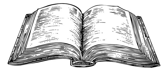 Wall Mural - old open book engraving black and white outline