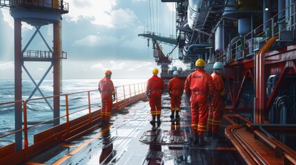 Poster - A team of workers having a safety briefing on the deck of an oil rig.