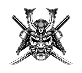 Wall Mural - samurai helmet engraving black and white outline