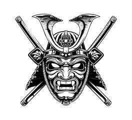 Wall Mural - samurai helmet engraving black and white outline