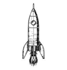 Wall Mural - retro rocket engraving black and white outline