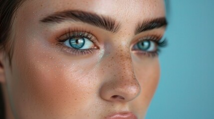 Sticker - portrait focusing on a woman's eyes, highlighting mockup tests for wellness and care through microblading and cosmetics.