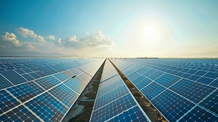 A wide-angle view of a solar power plant, with rows of solar panels stretching into the distance.