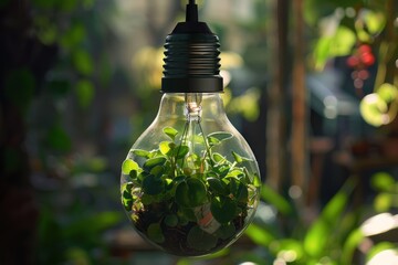 Sticker - Creative light bulb terrarium filled with vibrant green plants, symbolizing eco-friendly innovation.