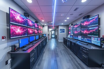 Poster - A modern office space with rows of the control room, each equipped with multiple black monitors on the desk.