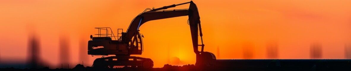 silhouette of excavator at sunset with blurred background - construction equipment in golden hour light - industrial machinery