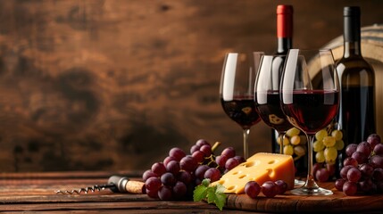 Aufkleber - Two glasses of red wine sit on a wooden table next to a cheese board, grapes, and a bottle of wine. Generative AI