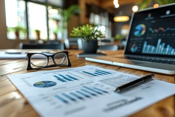 Poster - A close up of a document showing business charts and graphs on a wooden desk with a laptop glasses and a pen nearby