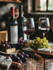 Poster - Two wine glasses filled with red wine sit on a wooden table, alongside two bottles of wine and a selection of cheese and grapes. Generative AI