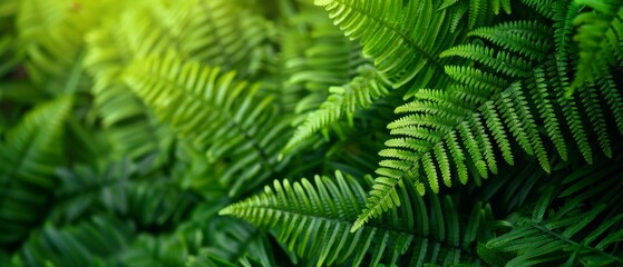 Wall Mural - vibrant green fern fronds close-up photography - lush tropical foliage texture background