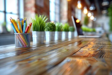 Poster - A Colorful Pencil Holder Rests on a Rustic Wooden Table in a Boho Chic Setting