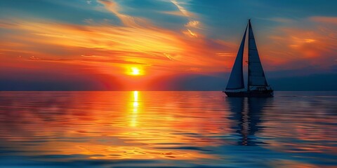 Wall Mural - Serene Sunset Voyage: A Sailing Boat on Tranquil Waters Under a Vibrant Sky