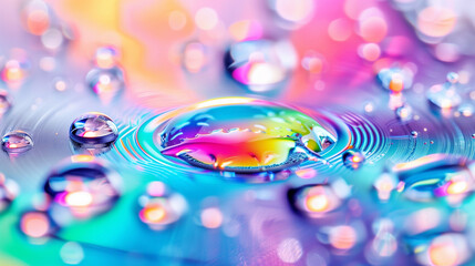 Poster - Water Droplets on Colorful Abstract Background. Close-up of Water Droplets Reflecting Color and Light. Vibrant and Artistic Water Surface