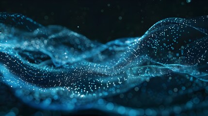 Abstract digital particles wave in blue on black background, futuristic technology concept