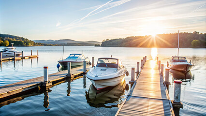 Three boats are docked at a pier on a calm lake, with the setting sun shining brightly in the background