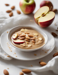 Wall Mural - A plate with a sliced apple, almond butter, and a handful of almonds on a white background
