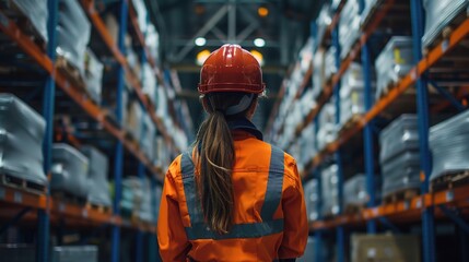 Canvas Print - Woman, logistics and inspection of warehouse distribution safety, quality control and manufacturing development. Person back, engineer and helmet at plant site, inventory freight and cargo process