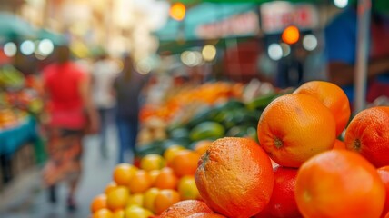 Wall Mural - fresh oranges on display at a vibrant outdoor market with blurred background of people shopping and produce